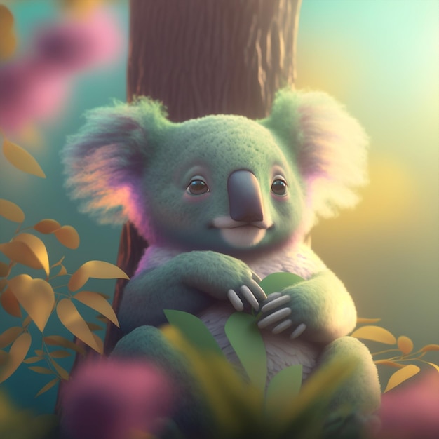 Generative ai mignon adorable koala aux tons pastel assis eucalyptus