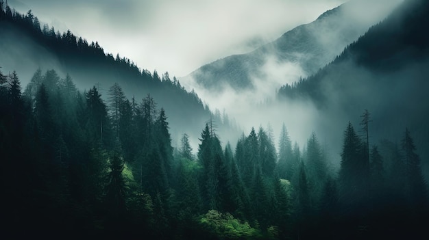 Generative AI Misty forêt de sapins beau paysage dans les montagnes brumeuses de style rétro vintage hipster