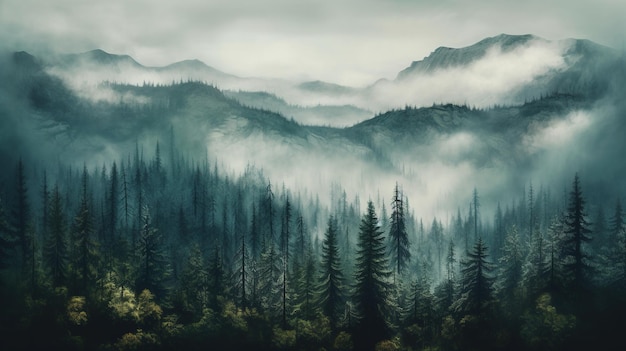 Generative AI Misty forêt de sapins beau paysage dans les montagnes brumeuses de style rétro vintage hipster