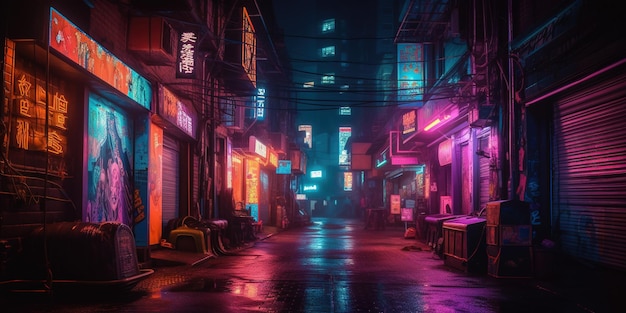 Generative AI Night scene of city in cyberpunk futuristic nostalgic 80s 90s Neon