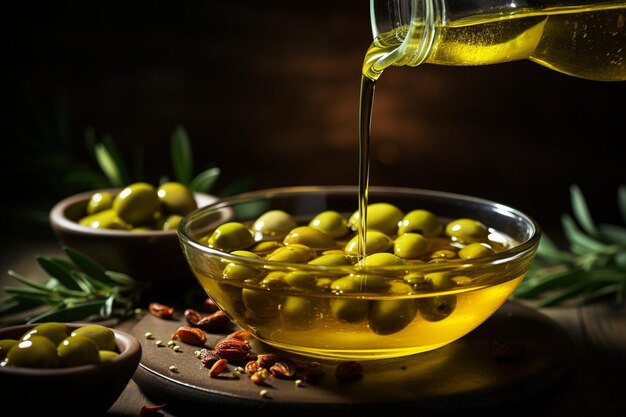 Générative AI Les olives vertes épicées sont versées avec de l'huile d'olive Espace de copie