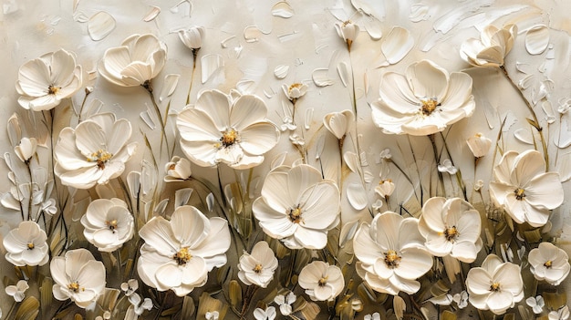 Generative AI Peinture 3D texturée à l'huile de fleurs de printemps sur toile Beaux abstraits blancs et beig