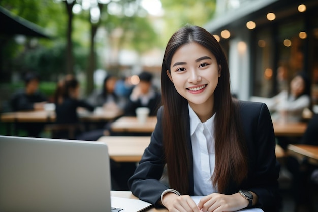 Générative AI Photo en gros plan Portrait d'une jeune étudiante portant un costume étudiant en ligne Il