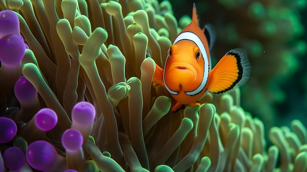 Générative AI Un poisson-clown orange coloré trouve la sécurité parmi son hôte anémone verte et violette dans