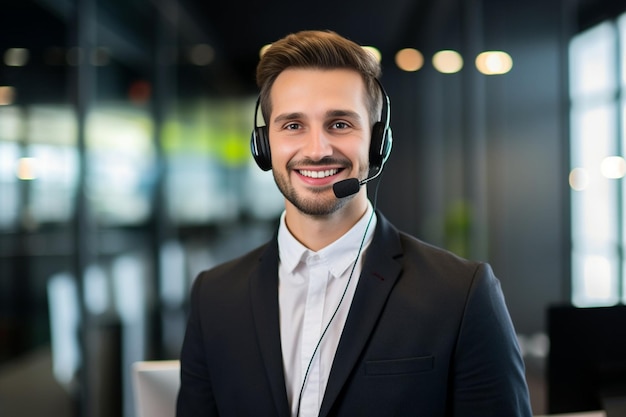 Générative AI Portrait du visage d'un jeune homme d'affaires travaillant au bureau portant un casque