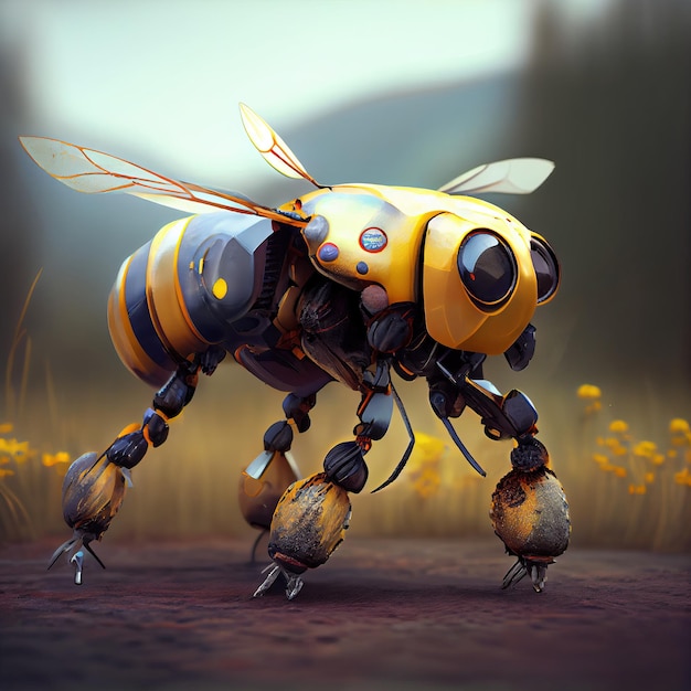 Générative AI Robot cyborg bee concept blockchain et réseaux technologiques insecte mécanique jaune