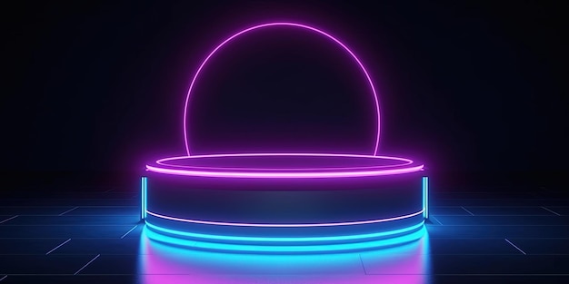 Générative AI SciFi Bannière lumineuse néon futuriste avec podium Abstrait cyberpunk