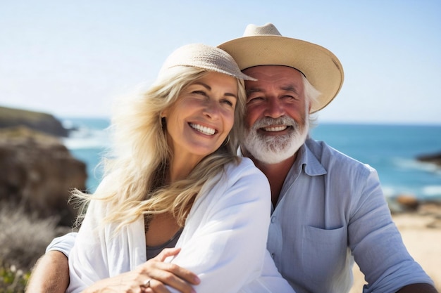 Generative AI Senior couple se détendre au bord de la mer par une journée ensoleillée