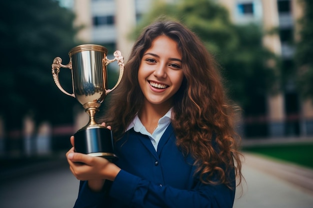 Générative AI Étudiant joyeux présentant un trophée gagné symbolisant la détermination de la réussite scolaire