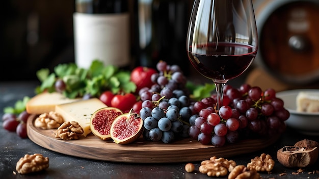 Generative AI Vin rouge avec des fruits et des noix, du raisin et du fromage sur le comptoir de la cuisine pour