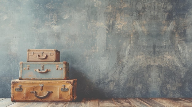 Generative AI Vintage valises en cuir sur la bannière de table en bois avec espace de copie Bagages rétro