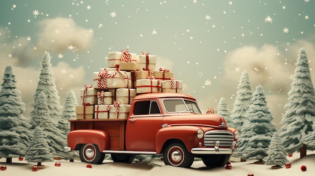 Generative AI voiture de Noël vintage avec de nombreux cadeaux couleurs bleues et rouges carte de vœux de Noël