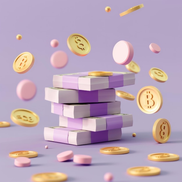 Générer une icône 3D représentant des paquets d'argent avec des pièces flottantes autour d'eux sur un fond violet L'icône doit incarner le concept d'économie d'argent AI Génératif