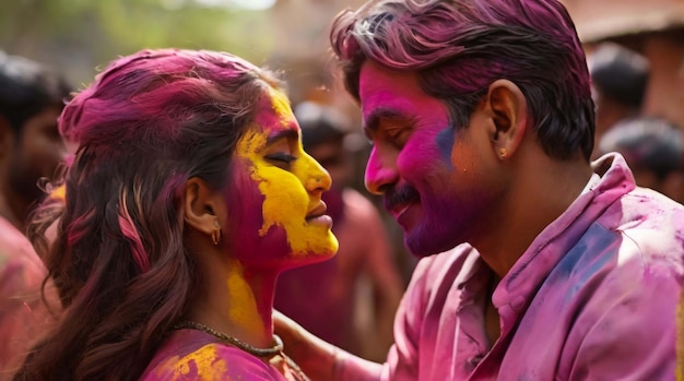 Générer une image Un homme mettant de la couleur sur le visage d'une femme pendant la célébration de Holi