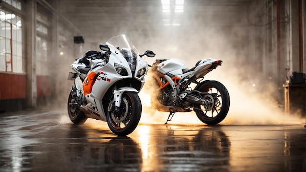 Générer une scène cinématographique et réaliste mettant en vedette une moto REPSOL blanche avec