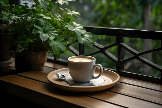 Une généreuse tasse de café sur un plateau en bois