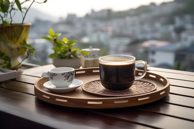 Une généreuse tasse de café sur un plateau en bois