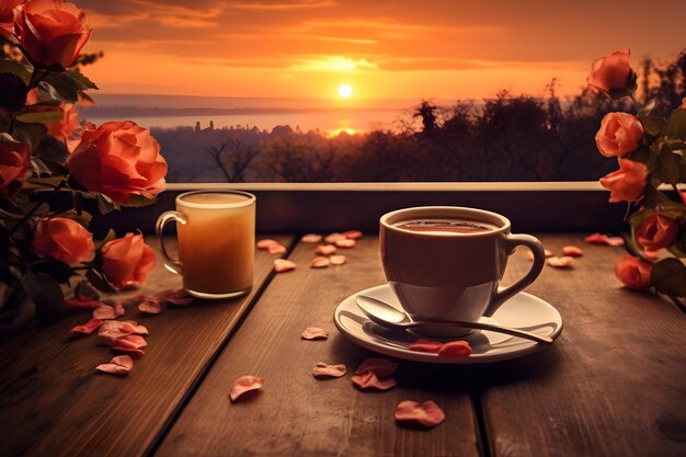 Photo une généreuse tasse de café sur un plateau en bois