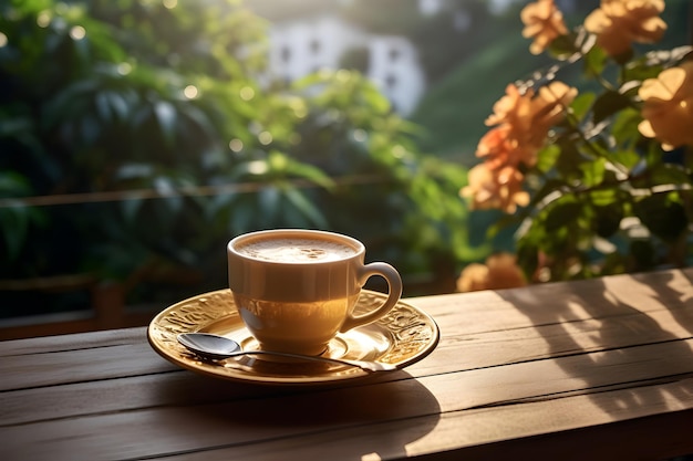 Une généreuse tasse de café sur un plateau en bois