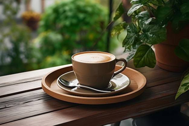 Une généreuse tasse de café sur un plateau en bois