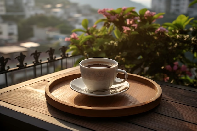 Une généreuse tasse de café sur un plateau en bois