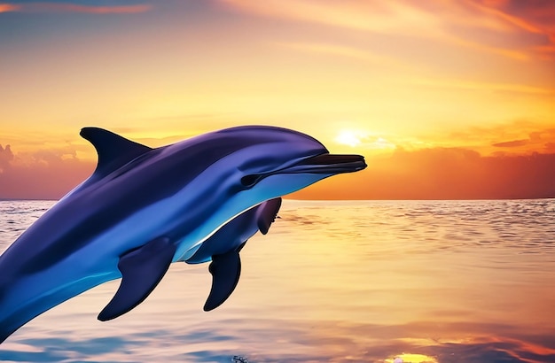 Générez une image de dauphins nageant dans la lueur d'un lever de soleil à couper le souffle