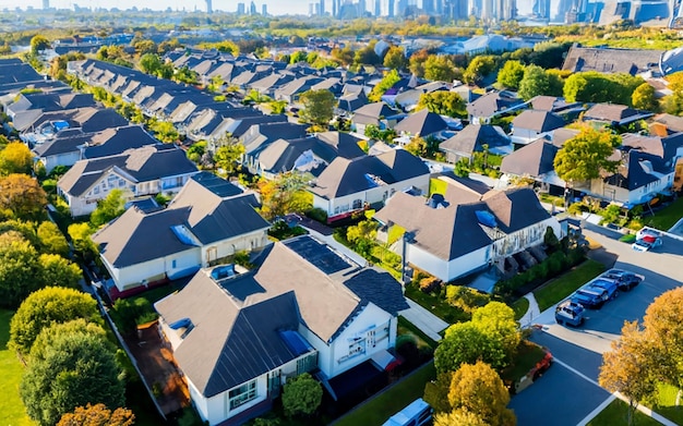 Générez une image présentant un quartier de banlieue avec des panneaux solaires sur les toits mettant en évidence