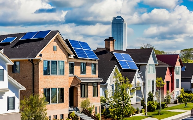 Générez une image présentant un quartier de banlieue avec des panneaux solaires sur les toits mettant en évidence