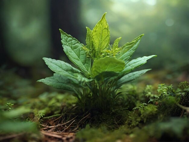 Genervte une herbe verte qui se dresse dans les bois qui a l'air un peu magique