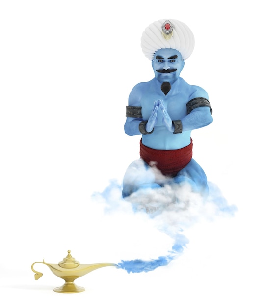 Genie et la lampe magique isolées sur blanc