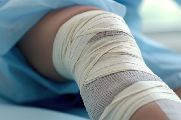 Le genou dans un bandage soin et guérison