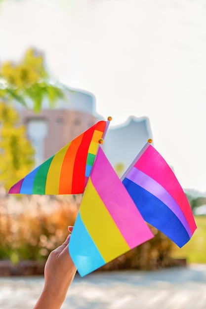 Genre queer Les gens agitent des drapeaux arc-en-ciel LGBTQ gay pride lors d'un événement de fierté Mise au point sélective