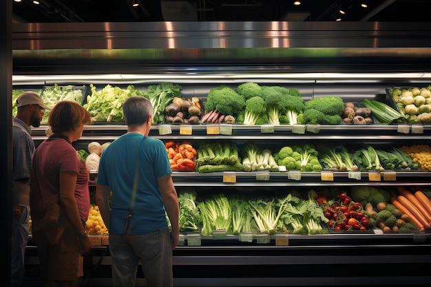 Les gens achètent des légumes frais dans les étagères.