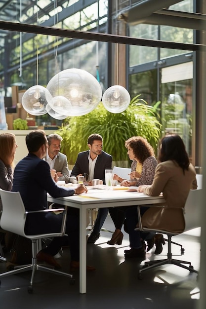 Des gens d'affaires créatifs se réunissant à table dans des bureaux de loft à plan ouvert