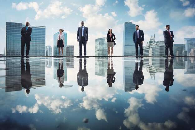 Gens d'affaires debout devant un paysage urbain