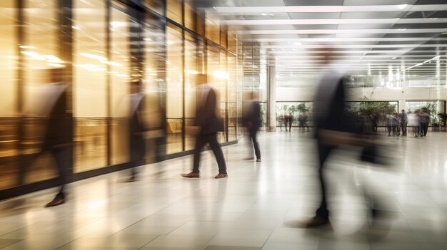 gens d'affaires flous marchant dans un hall moderne