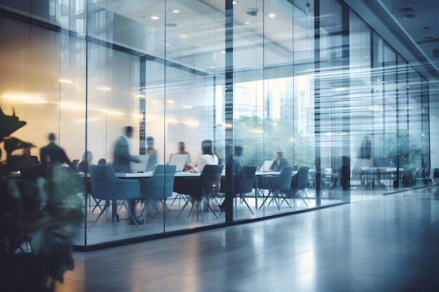 Des gens d'affaires flous se réunissant dans une salle de conférence d'un immeuble de bureaux moderne