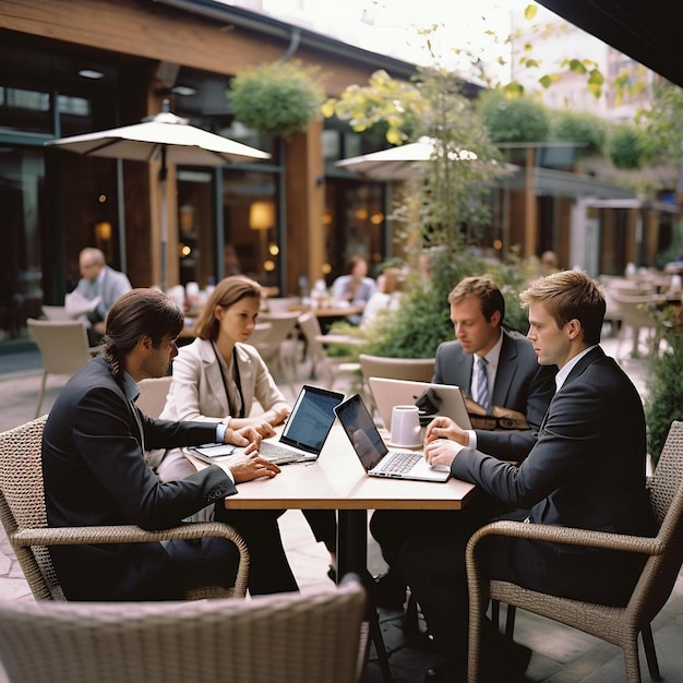 Des gens d'affaires avec des ordinateurs portables se réunissant à la table du patio du café.