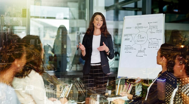 Photo gens d'affaires planifiant et rencontrant une femme conférencière d'équipe avec un séminaire de présentation ou un atelier de remue-méninges collaboration en communication et formation avec superposition de stratégie de projet au bureau