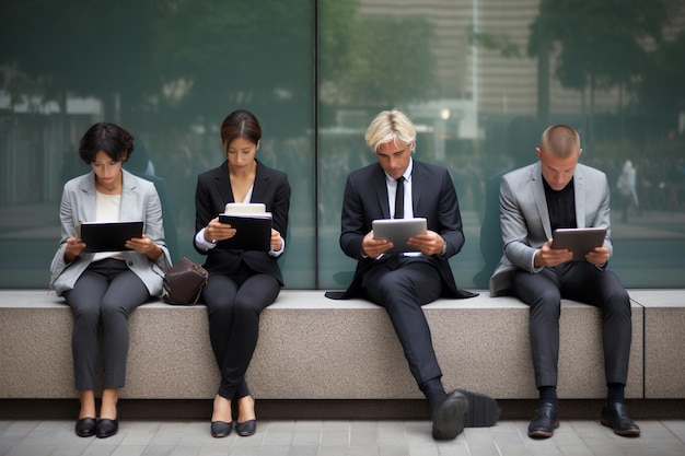 Gens d&#39;affaires utilisant une tablette en plein air