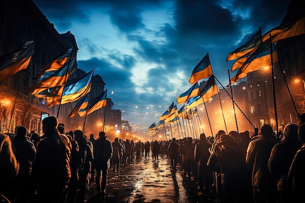 Des gens agitant des drapeaux ukrainiens lors d'un rassemblement pour la paix
