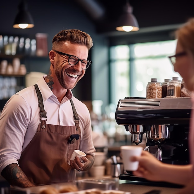 les gens aiment faire du café et sourient avec les clients