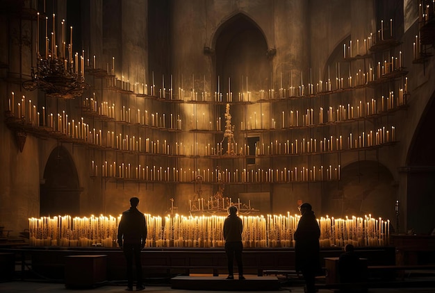 Les gens allument des bougies dans une église dans le style d'une perspective atmosphérique sereine.