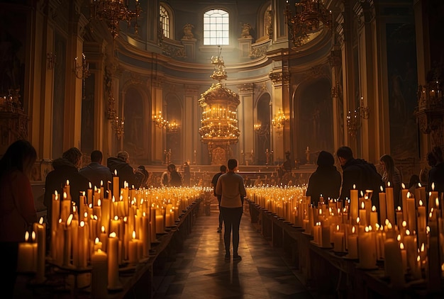 Les gens allument des bougies dans une église dans le style d'une perspective atmosphérique sereine.