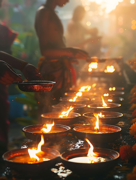 Photo les gens allument des lampes à l'huile traditionnelles au festival de diya