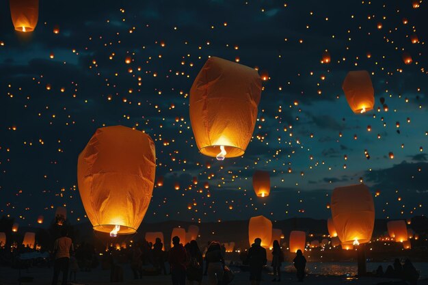 Les gens allument des lanternes volantes dans le ciel.