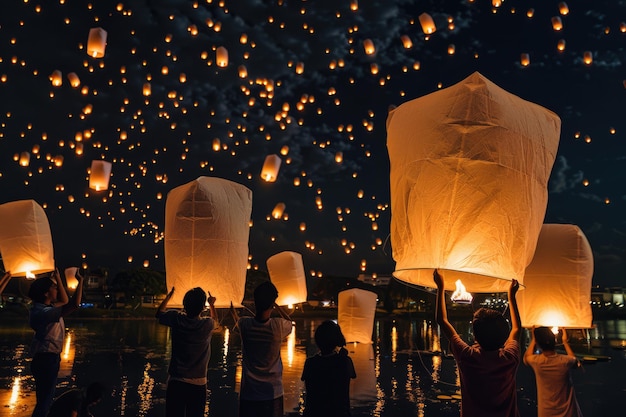 Les gens allument des lanternes volantes dans le ciel.