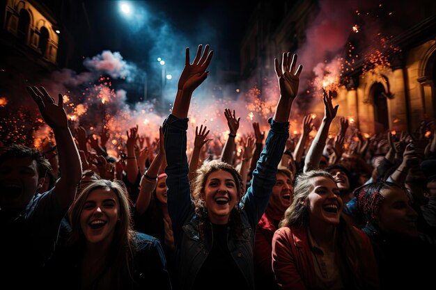 Les gens applaudissent sous une explosion de feux d'artifice vibrants dans un ciel nocturne clair leurs visages illuminés de crainte et de joie capturant la célébration communautaire d'un événement important