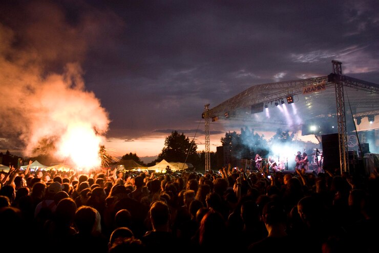 Photo des gens apprécient un concert de musique contre le ciel la nuit.
