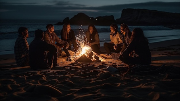 Des gens assis autour d'un feu de camp sur une plage la nuit